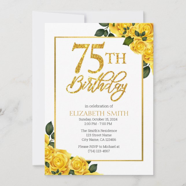 Elegant Yellow Rose 75th Birthday Invitation (Front)