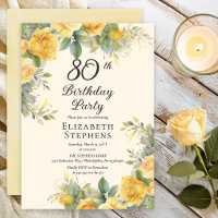 Elegant Yellow Rose 80th Birthday Party Invitation