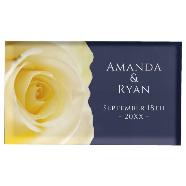 Elegant Yellow Rose Blue Floral Wedding  Place Card Holder (Front)