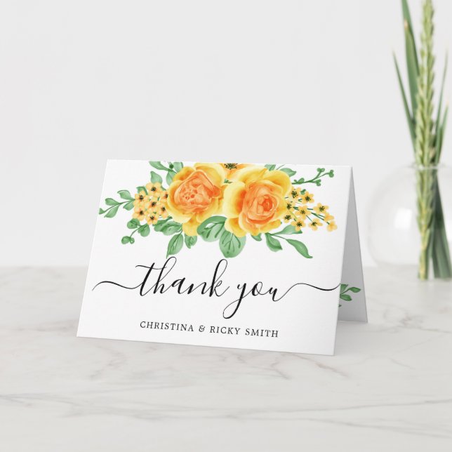 Elegant Yellow Rose Bouquet Flowers Wedding Thank  Thank You Card (Front)