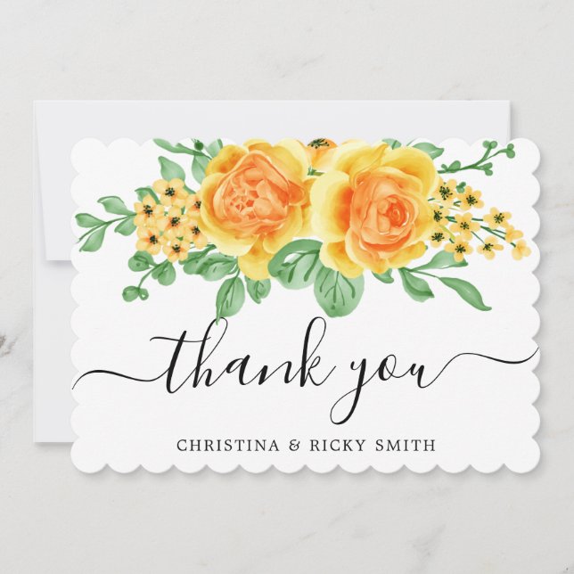 Elegant Yellow Rose Bouquet Flowers Wedding Thank You Card (Front)