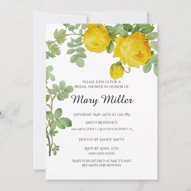 Elegant Yellow Rose Bridal Shower Invitation (Front)