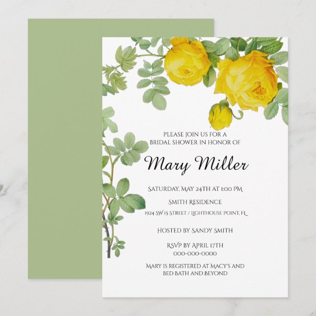 Elegant Yellow Rose Bridal Shower Invitation (Front/Back)