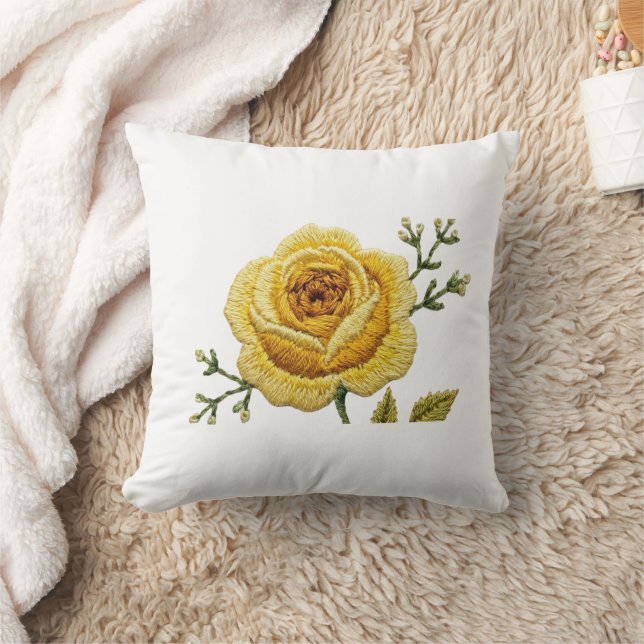 Elegant Yellow Rose Faux Embroidery Throw Pillow (Blanket)