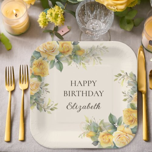 Elegant Yellow Rose Floral Birthday Party Paper Plates