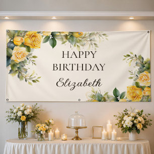 Elegant Yellow Rose Floral Happy Birthday Banner