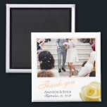 Elegant Yellow Rose Floral Photo Thank you Wedding Magnet<br><div class="desc">A favor wedding magnet with a wedding photo, bride and groom names and wedding date. Personalize with your wedding photo and other details. The text is in a script and the background is white. A floral favor magnet with a beautiful yellow rose. An elegant and stylish thank you magnet -...</div>