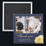 Elegant Yellow Rose Floral Photo Thank you Wedding Magnet<br><div class="desc">A favor wedding magnet with a wedding photo, bride and groom names and wedding date. Personalize with your wedding photo and other details. The text is in a script and the background is dark navy blue. A floral favor magnet with a beautiful yellow rose. An elegant and stylish thank you...</div>