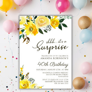 Elegant Yellow Rose Floral Surprise 40th Birthday Invitation