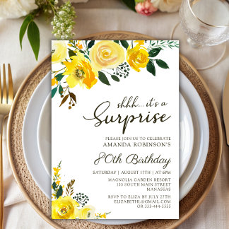 Elegant Yellow Rose Floral Surprise 80th Birthday Invitation