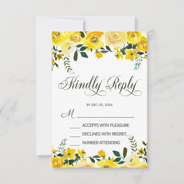 Elegant, yellow rose floral wedding RSVP card (Front)