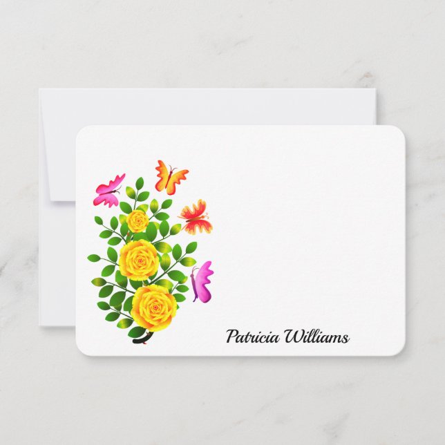 Elegant Yellow Rose Flower With Butterfly Note Card (Front)