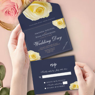 Elegant Yellow Rose Midnight Blue Floral Wedding All In One Invitation