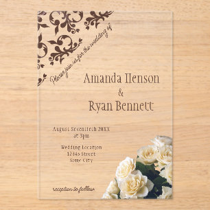 Elegant Yellow Rose Roccoco Pattern Wedding Acrylic Invitations