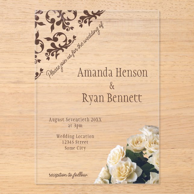Elegant Yellow Rose Roccoco Pattern Wedding Acrylic Invitations (Front)