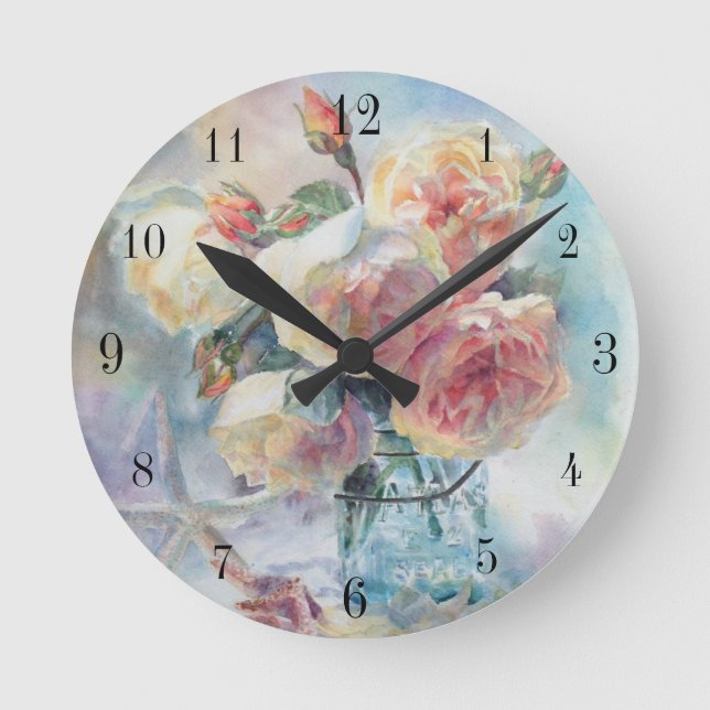 Elegant Yellow Rose Watercolor Painting Black Dial Round Clock (Front)