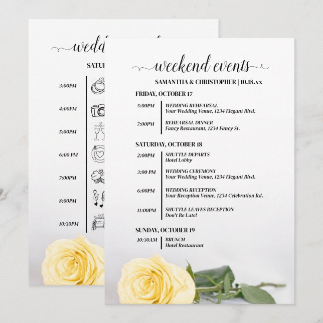 Elegant Yellow Rose Wedding Events & Timeline Program (Front/Back)