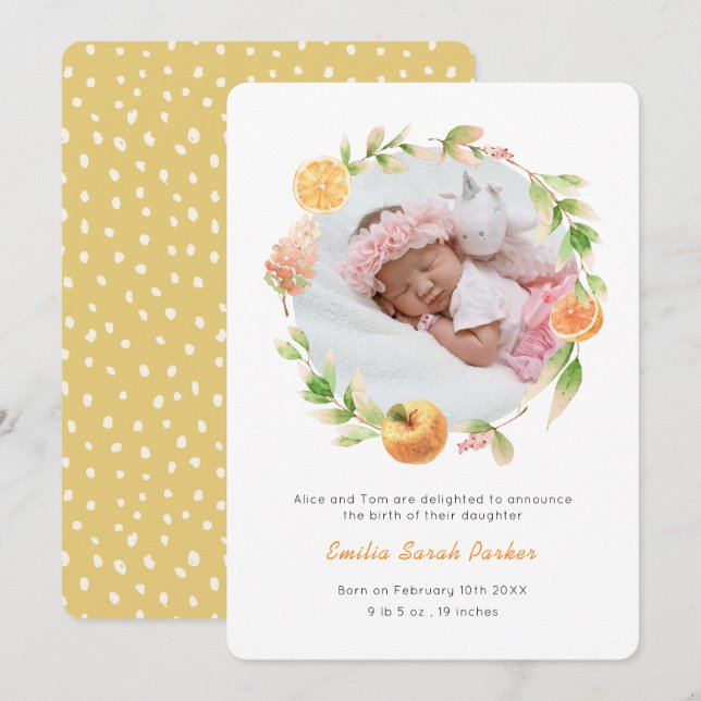 Elegant Yellow Rose Wreath Floral Photo Birth  Announcement (Front/Back)