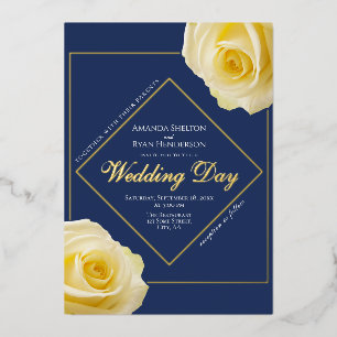 Elegant Yellow Roses Blue Floral Wedding Gold Foil Invitation