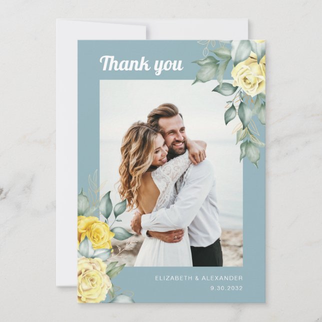 Elegant yellow roses floral greenery wedding photo thank you card (Front)