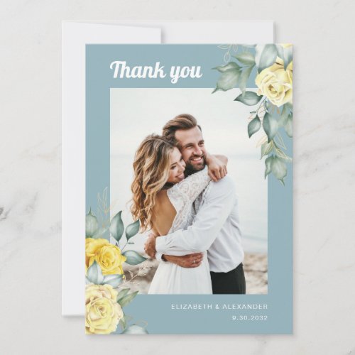 Elegant yellow roses floral greenery wedding photo thank you card