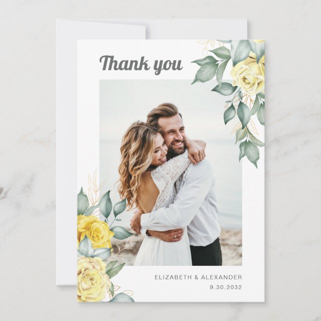 Elegant yellow roses floral greenery wedding photo thank you card (Front)