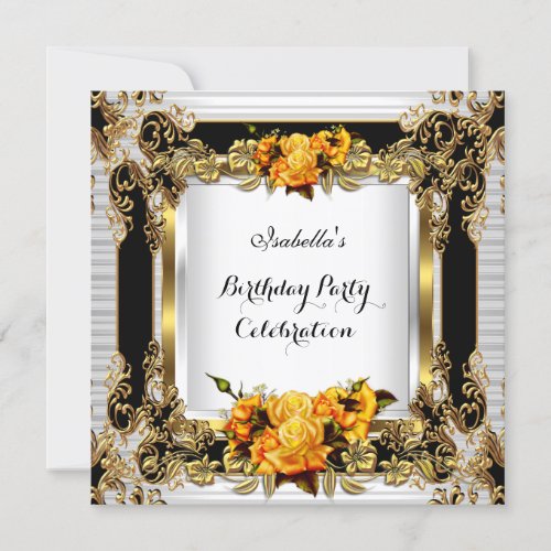 Elegant Yellow Roses Gold White Black Birthday 2 Invitation