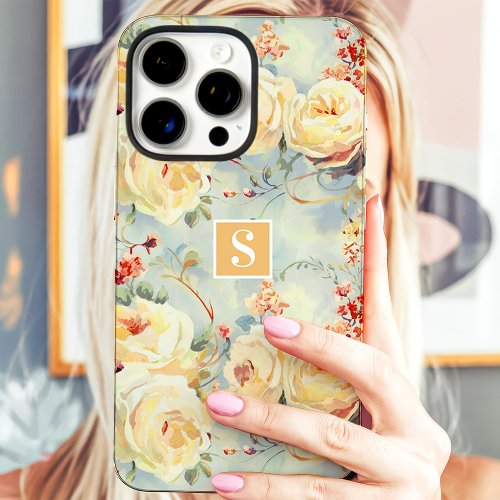 Elegant Yellow Roses Monogram Floral Iphone 16 Pro Max Case