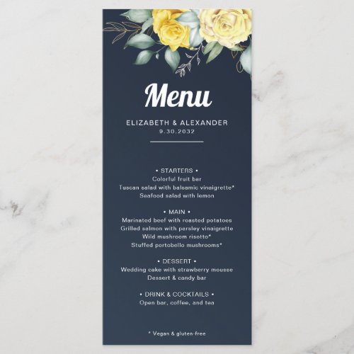 Elegant yellow roses navy blue watercolor wedding menu