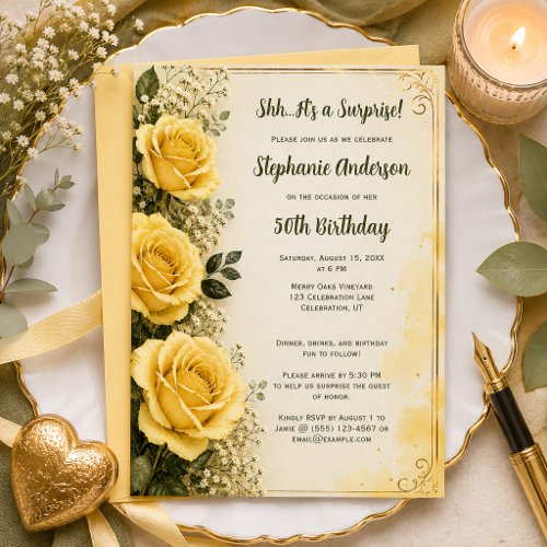Elegant Yellow Roses Surprise Birthday Party | Invitation