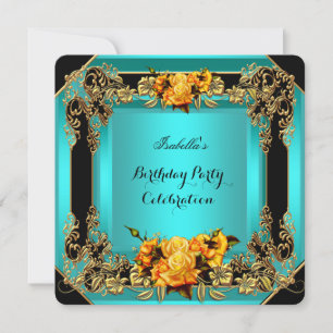 Elegant Yellow Roses Teal Gold Black Birthday Invitation