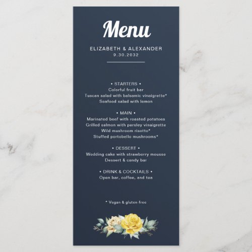 Elegant yellow roses watercolor navy blue wedding menu