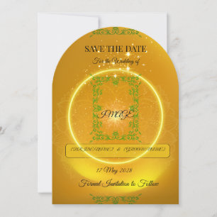 Elegant Yellow Save the Date Card with Gold Sparks