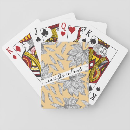 Elegant Yellow Silver Glitter Floral Line Art Poker Cards