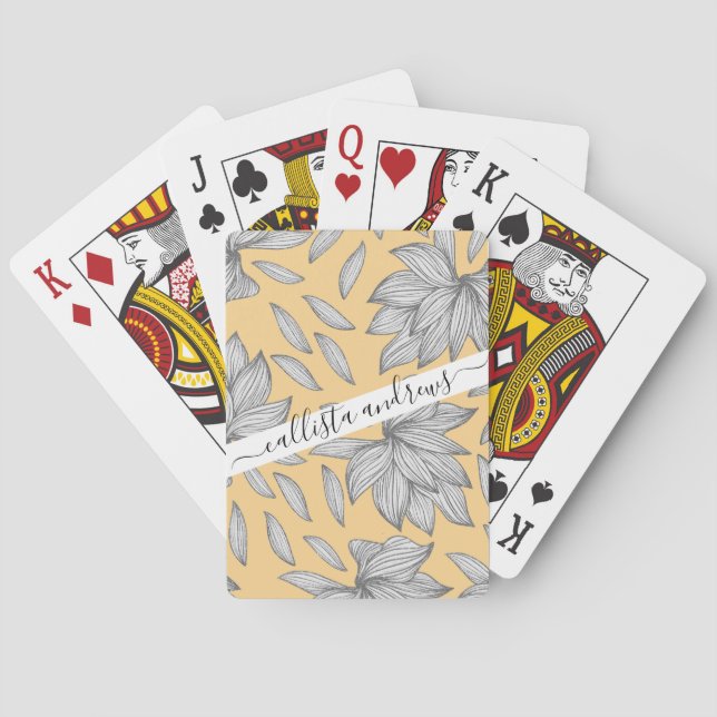 Elegant Yellow Silver Glitter Floral Line Art Poker Cards (Back)