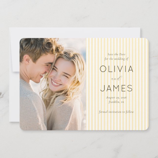 Elegant Yellow Stripes and Cursive Save The Date (Front)