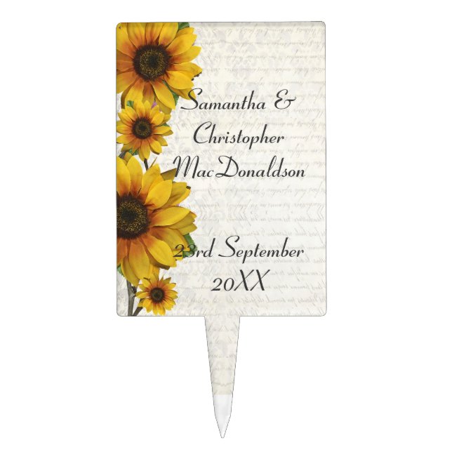 Elegant yellow sunflower country floral wedding cake topper (Front)