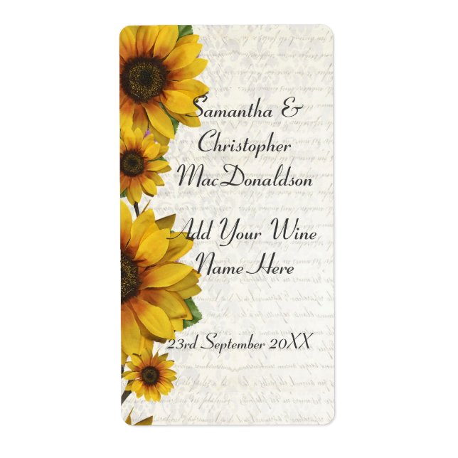 Elegant yellow sunflower country floral wine label (Front)