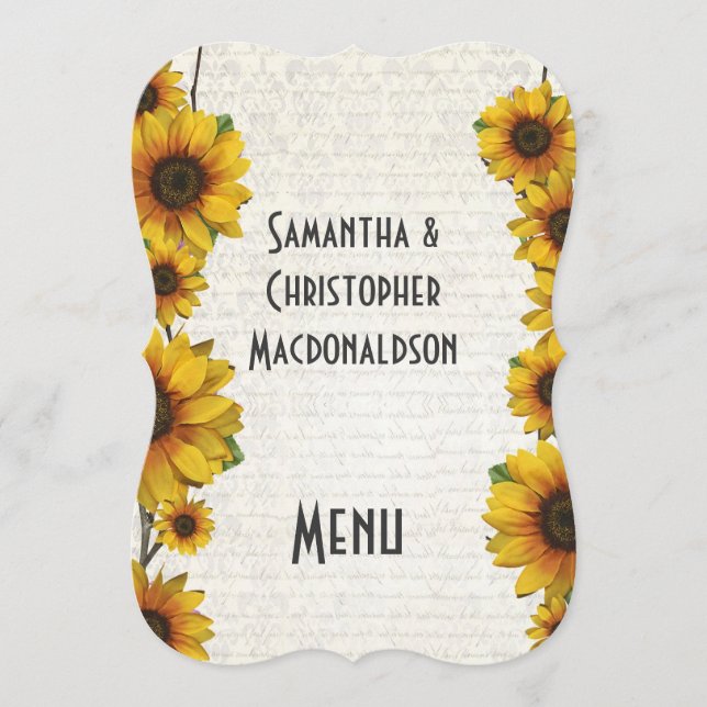 Elegant yellow sunflower country wedding menu (Front)