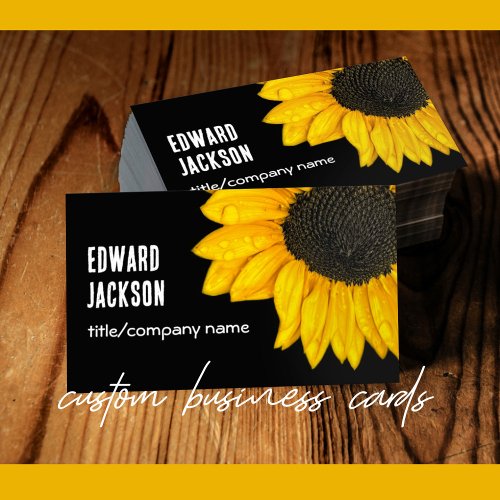elegant  yellow sunflower on black double sided  business card