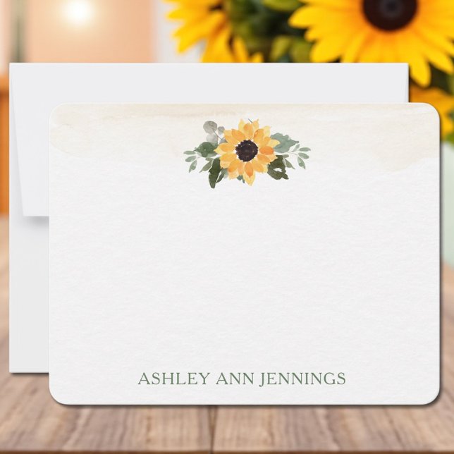 Elegant Yellow Sunflower Personalized Stationery Note Card (Elegant sunflower watercolor personalized stationery notecard with custom name)