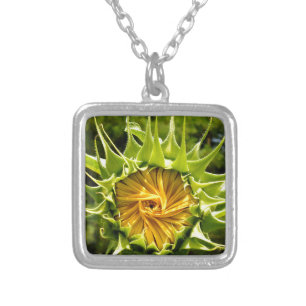 Elegant yellow sunflower photo silver plated necklace