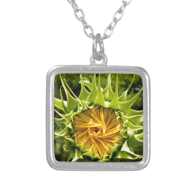 Elegant yellow sunflower photo silver plated necklace (Front)