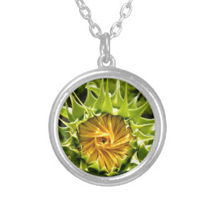 Elegant yellow sunflower photo silver plated necklace