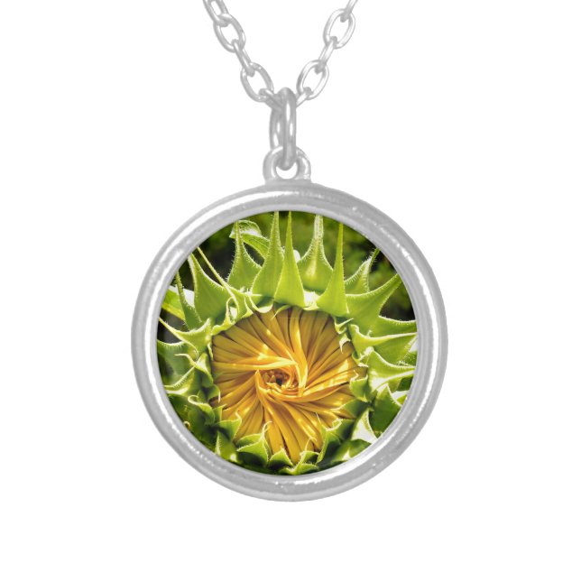 Elegant yellow sunflower photo silver plated necklace (Front)