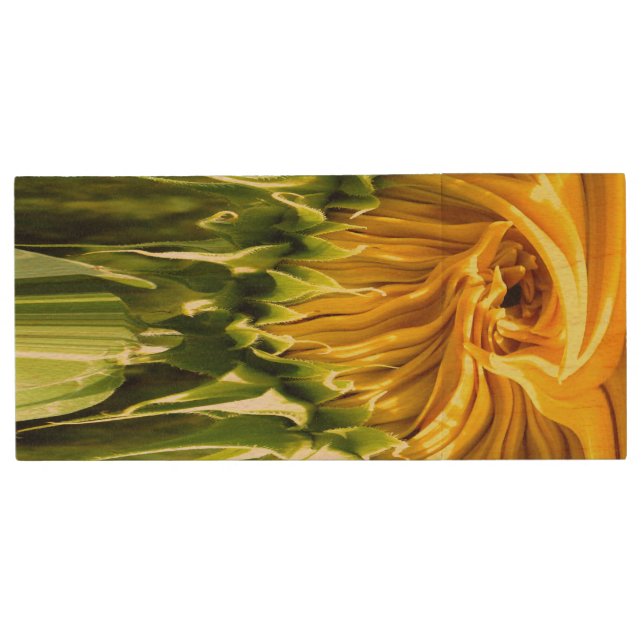 Elegant yellow sunflower photo wood flash drive (Front)