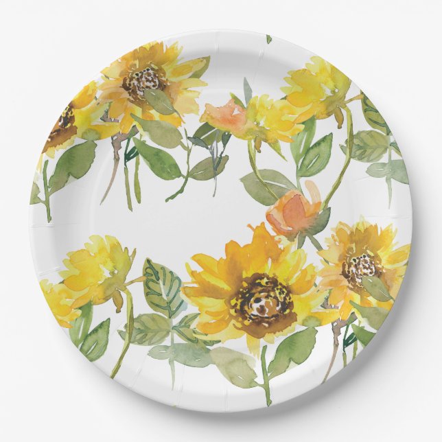 Elegant Yellow Sunflower Sun Bee Baby Shower Paper Plates (Front)