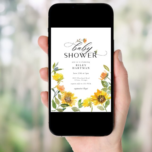 Elegant Yellow Sunflower Sunny Bee Baby Shower Invitation (Front Digital)