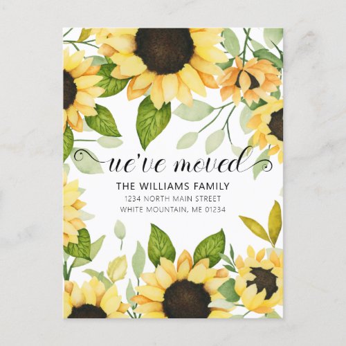 Elegant Yellow Sunflower Watercolor Floral Moving Announcement Postcard