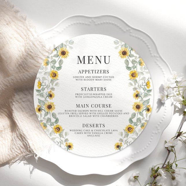 Elegant Yellow Sunflowers Fall Wedding Round Menu (Creator Uploaded)